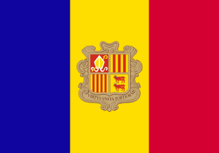The flag of Andorra features three equal vertical bands of blue, yellow and red, with the coat of arms of Andorra centered in the yellow band.