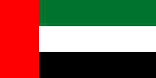The flag of United Arab Emirates features a red vertical band on its hoist side that takes up about one-fourth the width of the field and three equal horizontal bands of green, white and black adjoining the vertical band.