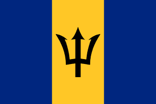 The flag of Barbados is composed of three equal vertical bands of ultramarine, gold and ultramarine. The head of a black trident is centered in the gold band.