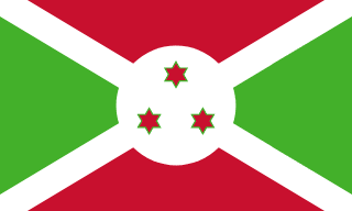 The flag of Burundi is divided by a white diagonal cross into four alternating triangular areas of red at the top and bottom, and green on the hoist and fly sides. A white circle, with three green-edged red six-pointed stars arranged to form a triangle, is superimposed at the center of the cross.