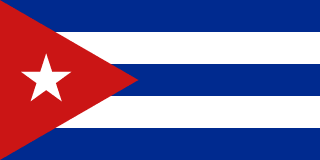 The flag of Cuba is composed of five equal horizontal bands of blue alternating with white and a red equilateral triangle superimposed on the hoist side of the field. The triangle has its base on the hoist end, spans about two-fifth the width of the field and bears a white five-pointed star at its center.