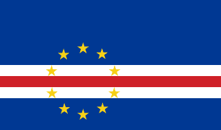 The flag of Cape Verde is composed of five horizontal bands of blue, white, red, white and blue in the ratio of 6:1:1:1:3. A ring of ten five-pointed yellow stars is centered at three-eighth of the height from the bottom edge and three-eighth of the width from the hoist end of the field.