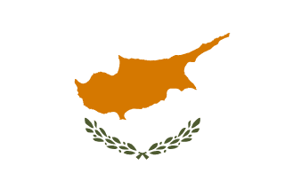 The flag of Cyprus has a white field, at the center of which is a copper-colored silhouette of the Island of Cyprus above two green olive branches crossed at the stem.