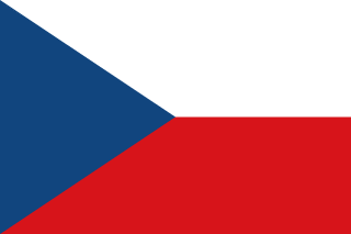The flag of Czechia is composed of two equal horizontal bands of white and red, with a blue isosceles triangle superimposed on the hoist side of the field. The triangle has its base on the hoist end and spans about two-fifth the width of the field.