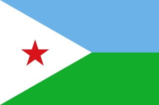 The flag of Djibouti is composed of two equal horizontal bands of light blue and light green, with a white isosceles triangle superimposed on the hoist side of the field. The triangle has its base on the hoist end, spans about two-fifth the width of the field and bears a red five-pointed star at its center.