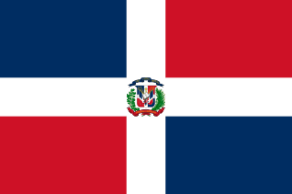 The flag of the Dominican Republic is divided into four rectangles by a centered white cross that extends to the edges of the field and bears the national coat of arms in its center. The upper hoist-side and lower fly-side rectangles are blue and the lower hoist-side and upper fly-side rectangles are red.