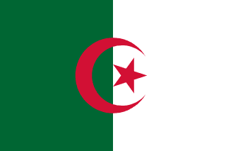 The flag of Algeria features two equal vertical bands of green and white. A five-pointed red star within a fly-side facing red crescent is centered over the two-color boundary.