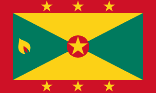 The flag of Grenada features a large central rectangular area surrounded by a red border, with three five-pointed yellow stars centered on the top and bottom borders. The central rectangle is divided diagonally into four alternating triangular areas of yellow at the top and bottom and green on the hoist and fly sides, and a five-pointed yellow star on a red circle is superimposed at its center. A symbolic nutmeg pod is situated on the green hoist-side triangle.