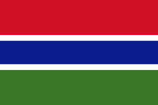 The flag of Gambia is composed of three equal horizontal bands of red, blue with white top and bottom edges, and green.