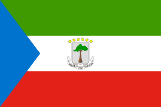 The flag of Equatorial Guinea is composed of three equal horizontal bands of green, white and red with the national coat of arms centered in the white band and an isosceles triangle superimposed on the hoist side of the field. The triangle is light blue, has its base on the hoist end and spans about one-fifth the width of the field.