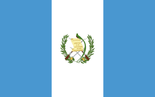 The flag of Guatemala is composed of three equal vertical bands of light blue, white and light blue, with the national coat of arms centered in the white band.