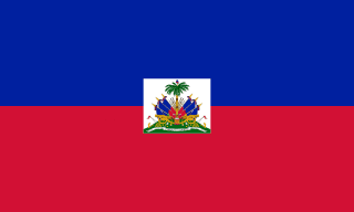 The flag of Haiti is composed of two equal horizontal bands of blue and red. A white square bearing the national coat of arms is superimposed at the center of the field.