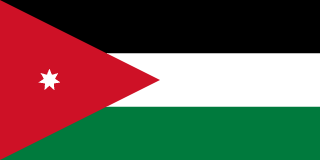 The flag of Jordan is composed of three equal horizontal bands of black, white and green, with a red isosceles triangle superimposed on the hoist side of the field. This triangle has its base on the hoist end, spans about half the width of the field and bears a small seven-pointed white star at its center.