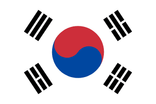 The flag of South Korea has a white field, at the center of which is a red and blue Taegeuk circle surrounded by four black trigrams, one in each corner.