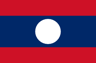 The flag of Laos is composed of three horizontal bands of red, blue and red. The blue band is twice the height of the red bands and bears a white circle at its center.