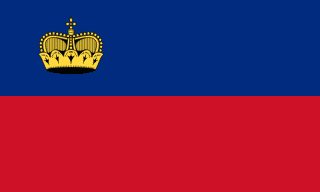 The flag of Liechtenstein is composed of two equal horizontal bands of blue and red, with a golden-yellow crown on the hoist side of the blue band.