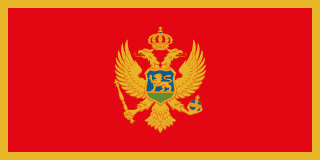 The flag of Montenegro features a large red central rectangular area surrounded by a golden-yellow border. The coat of arms of Montenegro is centered in the red rectangle.