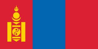 The flag of Mongolia is composed of three equal vertical bands of red, blue and red, with the national emblem — the Soyombo — in gold centered in the hoist-side red band.