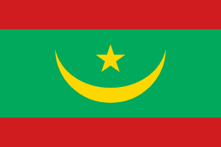 The flag of Mauritania has a green field with a thin red horizontal band at the top and bottom of the field. At the center of the field is a five-pointed yellow star above an upward facing yellow crescent.