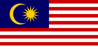 The flag of Malaysia is composed of fourteen equal horizontal bands of red alternating with white. A blue rectangle, bearing a fly-side facing yellow crescent and a fourteen-pointed yellow star placed just outside the crescent opening, is superimposed in the canton.