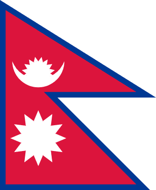 The flag of Nepal is the world's only non-quadrilateral flag of a sovereign country. It takes the shape of two adjoining right-angled triangles and has a crimson red field with deep blue edges. Within the smaller upper triangle is an emblem of the upper half of a white sun resting on an upward facing white crescent. The lower triangle bears a white sun with twelve rays.