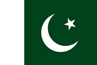 The flag of Pakistan is composed of a white vertical band on its hoist side that takes up about one-fourth the width of the field and a dark green rectangular area that spans the rest of the field. A white fly-side facing crescent and five-pointed star are centered in the dark green area.