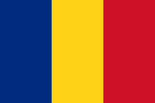 The flag of Romania is composed of three equal vertical bands of navy blue, yellow and red.