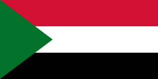 The flag of Sudan is composed of three equal horizontal bands of red, white and black, with a green isosceles triangle superimposed on the hoist side. The green triangle spans about two-fifth the width of the field with its base on the hoist end.