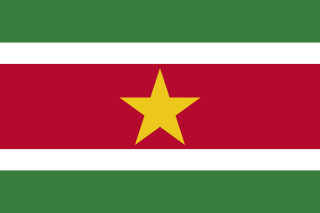 The flag of Suriname is composed of five horizontal bands of green, white, red, white and green in the ratio of 2:1:4:1:2. A large five-pointed yellow star is centered in the red band.