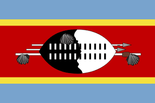 The flag of Eswatini is composed of three horizontal bands — a large central yellow-edged red band, and a light blue band above and beneath the red band. The red band is three times the height of the blue bands and bears a centered emblem made up of a large black and white Nguni shield covering two spears and a staff decorated with feather tassels, all placed horizontally.