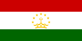 The flag of Tajikistan is composed of three horizontal bands of red, white and green in the ratio of 2:3:2. A golden-yellow crown surmounted by an arc of seven five-pointed golden-yellow stars is centered in the white band.