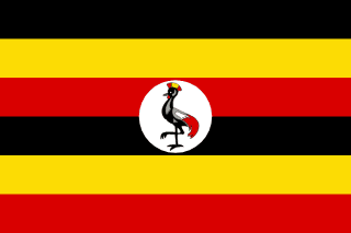 The flag of Uganda is composed of six equal horizontal bands of black, yellow, red, black, yellow and red. A white circle bearing a hoist-side facing grey red-crested crane is superimposed in the center of the field.