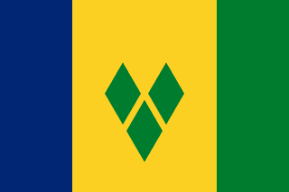 The flag of Saint Vincent and the Grenadines is composed of three vertical bands of blue, gold and green. The gold band is twice as wide as the other two bands and bears three green diamonds arranged to form the letter V at its center.