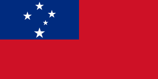 The flag of Samoa has a red field. A blue rectangle, bearing a representation of the Southern Cross made up of five large and one smaller five-pointed white stars, is superimposed in the canton.