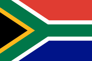 The flag of South Africa is composed of two equal horizontal bands of red and blue, with a yellow-edged black isosceles triangle superimposed on the hoist side of the field. This triangle has its base centered on the hoist end, spans about two-fifth the width and two-third the height of the field, and is enclosed on its sides by the arms of a white-edged green horizontally oriented Y-shaped band which extends along the boundary of the red and blue bands to the fly end of the field.