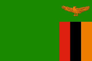 The flag of Zambia has a green field, on the fly side of which is a soaring orange African fish eagle above a rectangular area divided into three equal vertical bands of red, black and orange.
